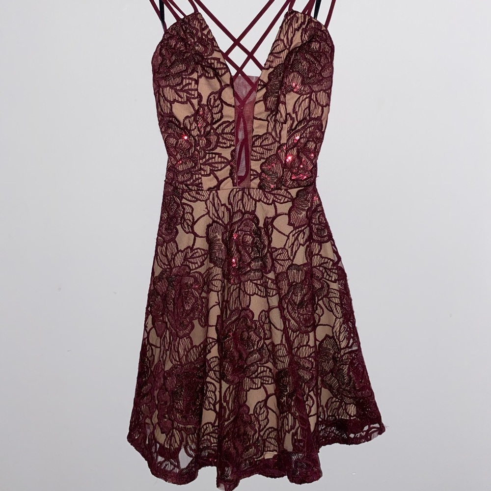 A sparkly burgundy and tan dress!